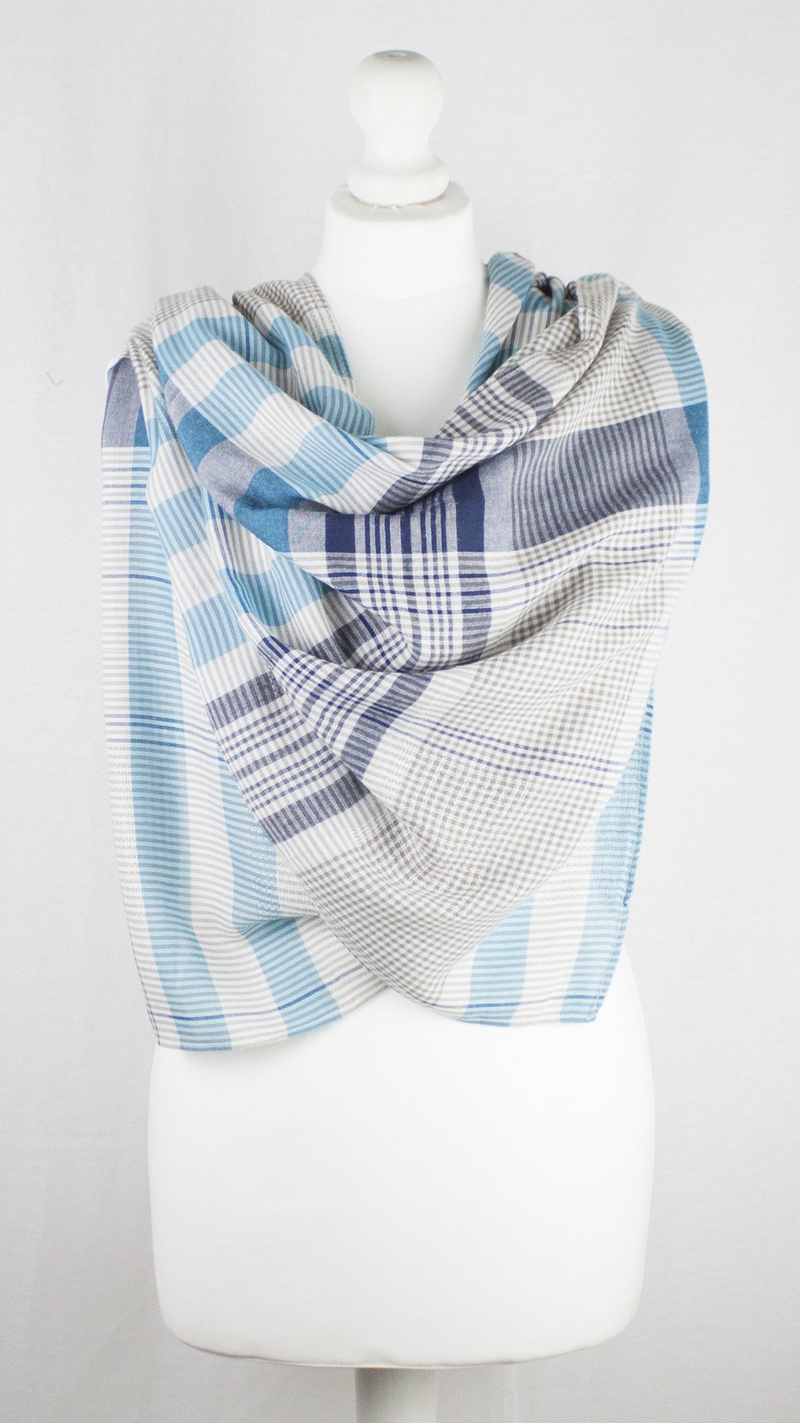 Checks and Stripes Textured Weave Viscose Scarf - Blue Navy Beige-2