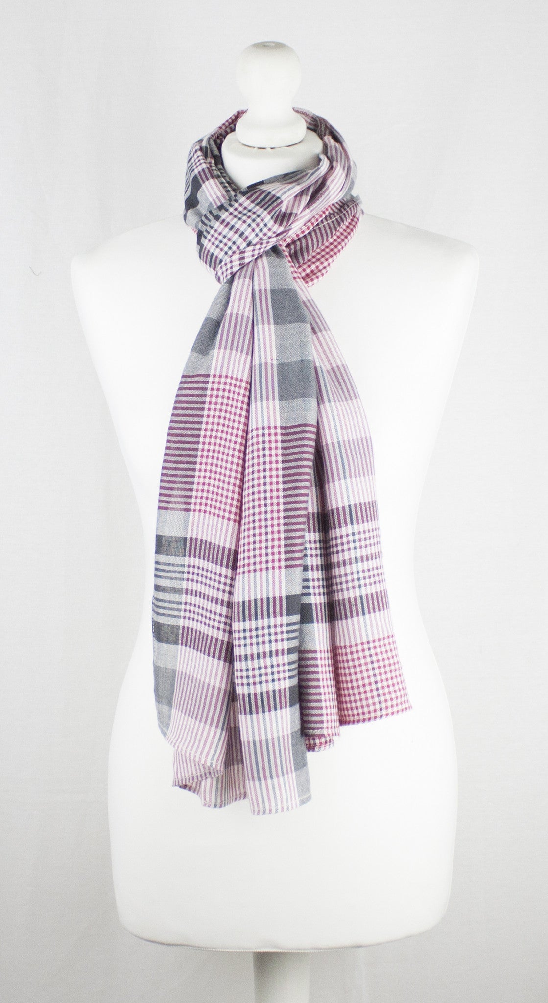 Checks and Stripes Textured Weave Viscose Scarf - Pink Black Off-White-1