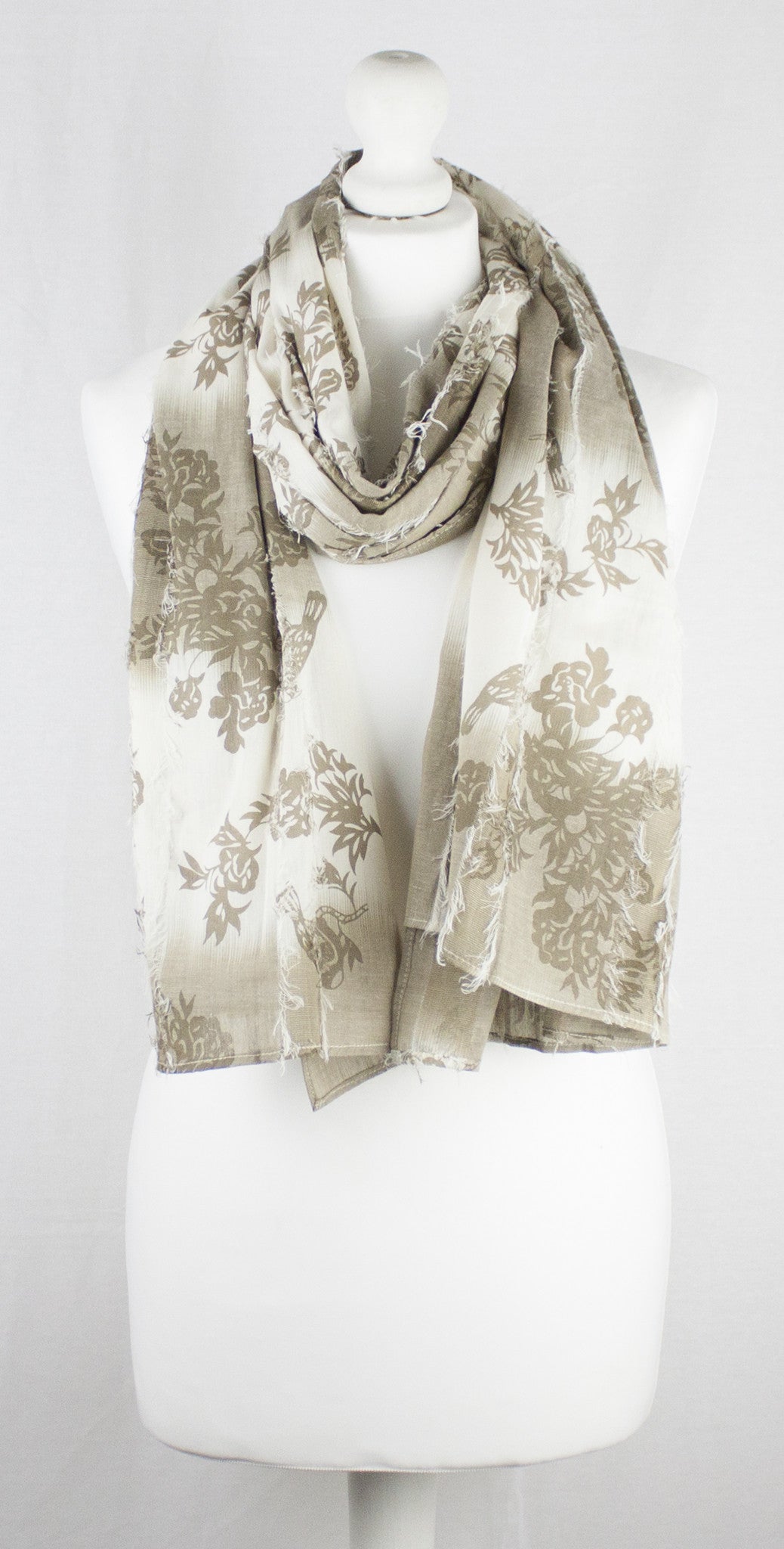 Frayed Stripes Printed Cotton Scarf - Off- White Beige-1