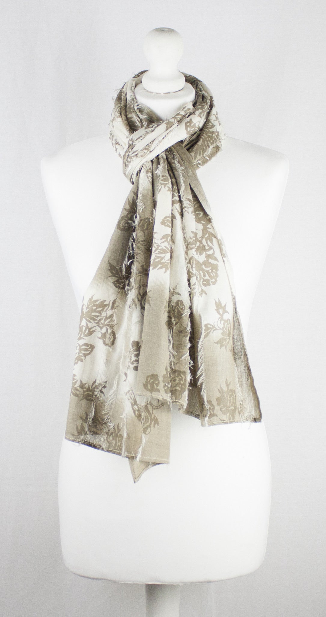 Frayed Stripes Printed Cotton Scarf - Off- White Beige-2