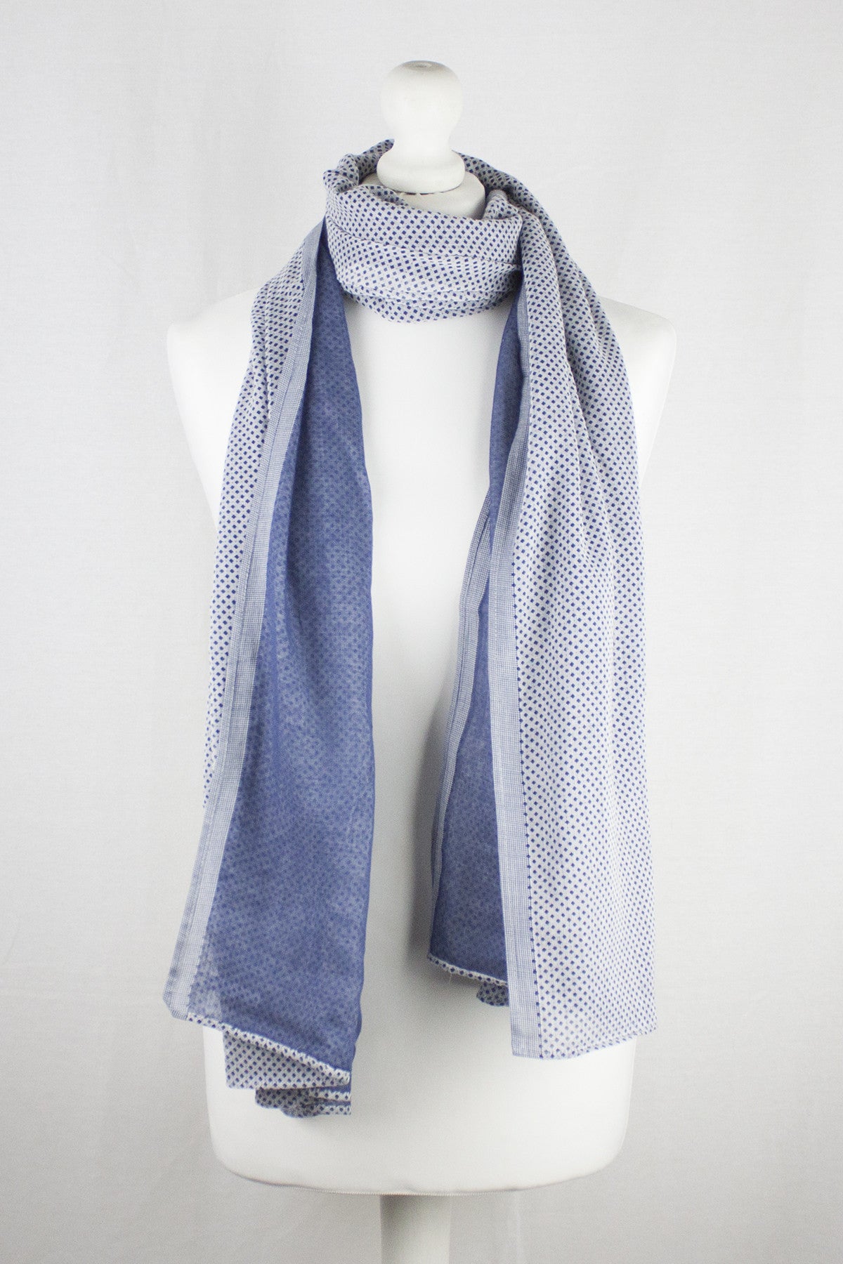 Ditsy Diamond Print Double Fabric Cotton Scarf - Chambray Blue-0