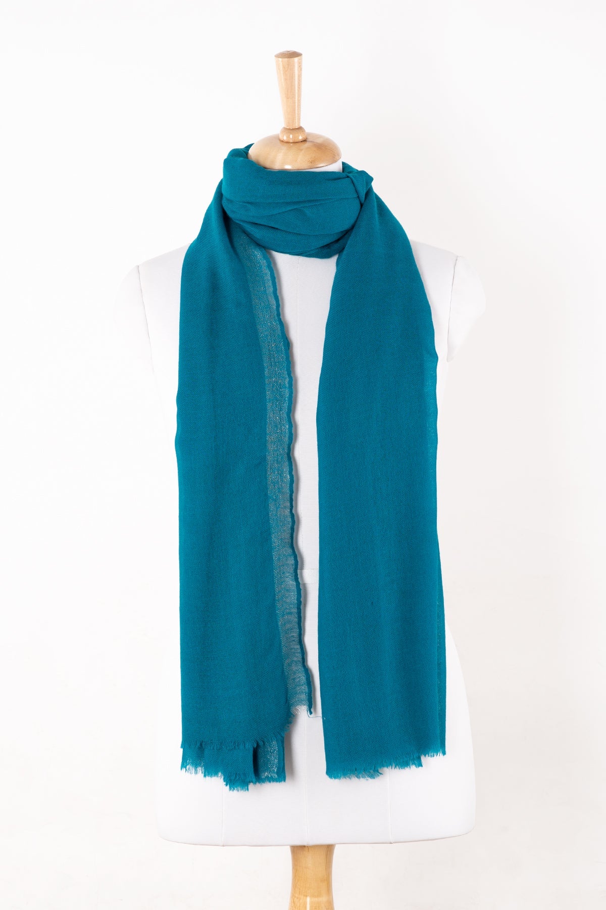 Twill Weave with Silver Lurex Border Merino Wool Scarf - Turquoise-1