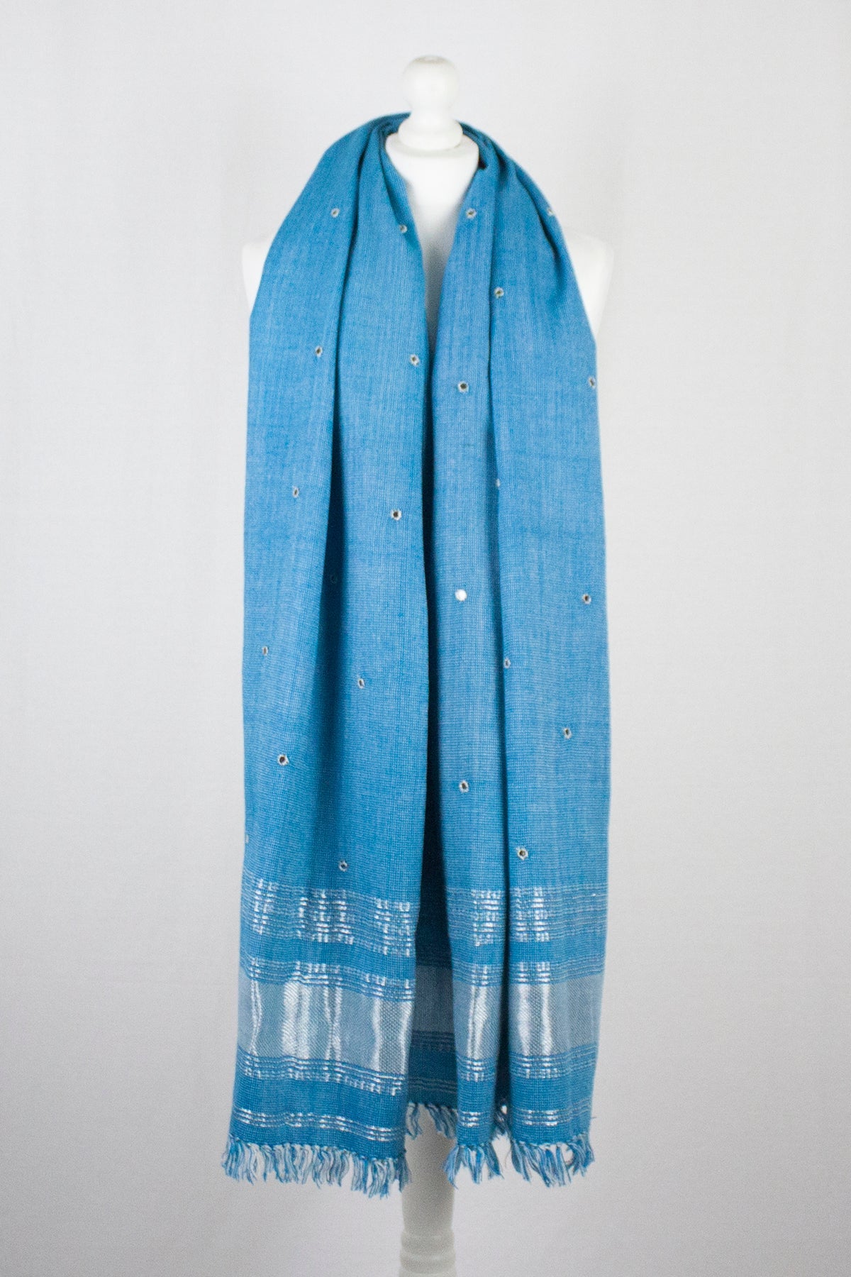 Mirror Work Lurex Border Wool Shawl - Turquoise-3