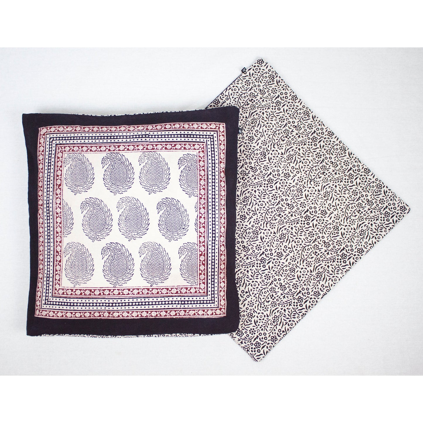 Ambi Paisley & Floral Mix Bagh Hand Block Print Cotton Cushion Cover - White Black Red-1