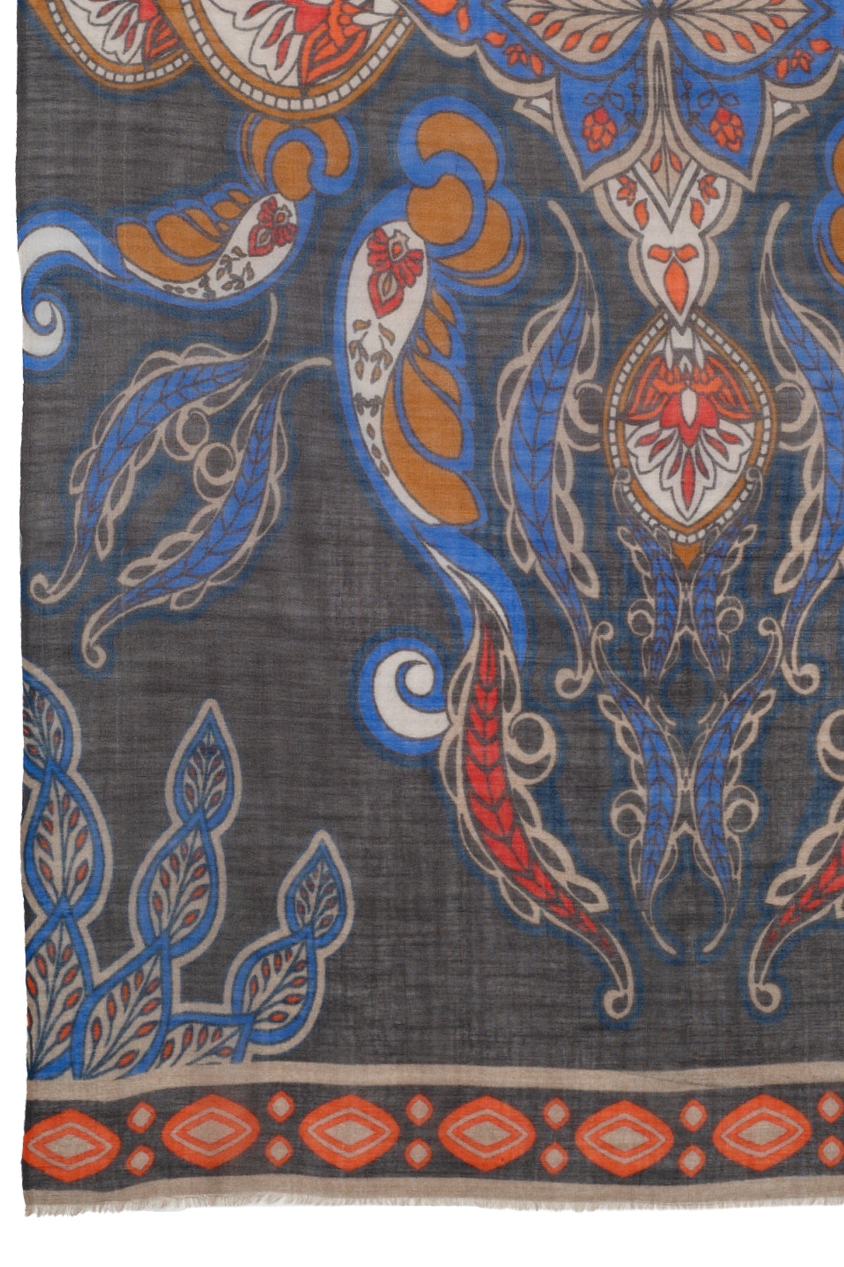 Indian Floral & Leaf Fine Wool Scarf – Grey Multicolour-1