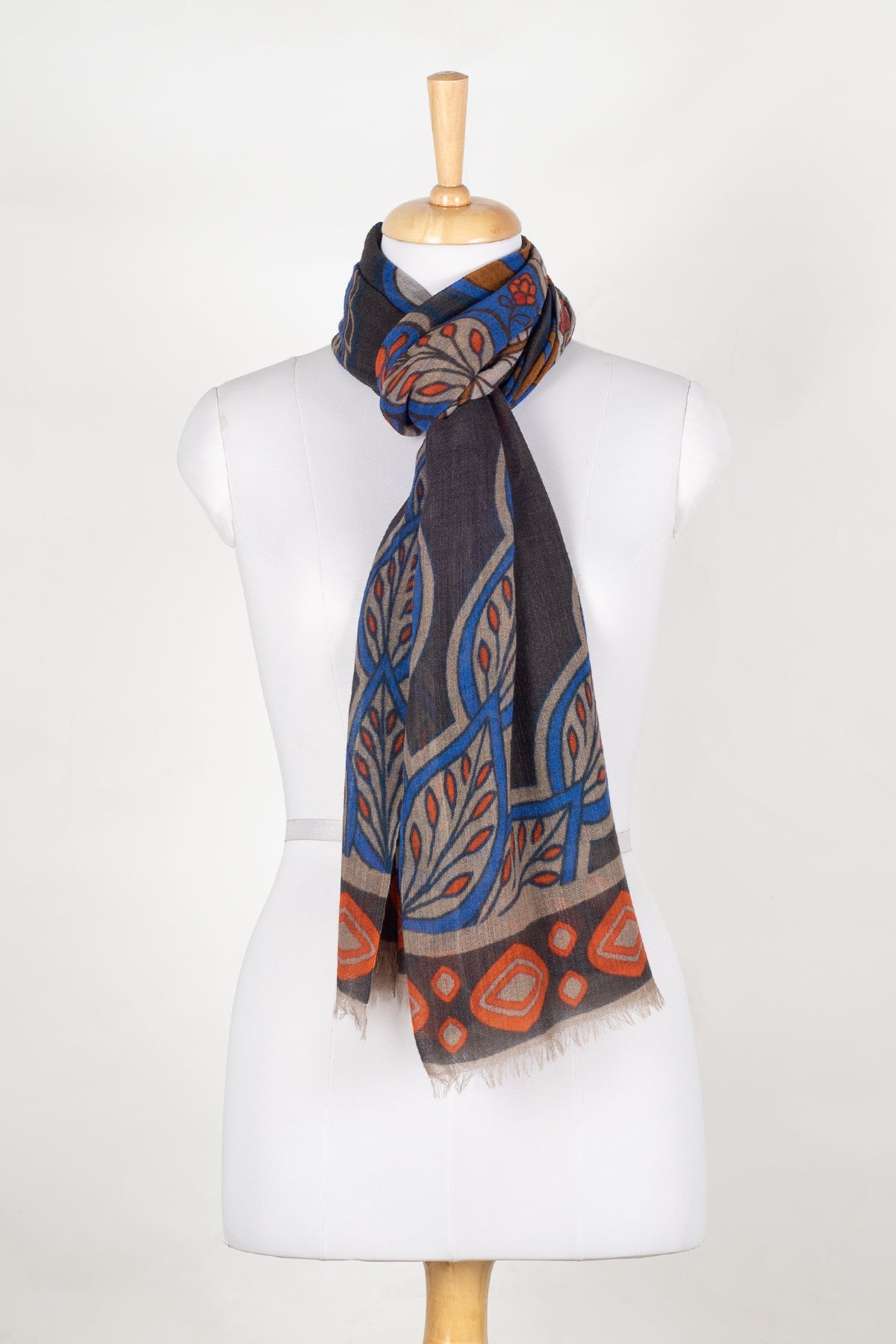 Indian Floral & Leaf Fine Wool Scarf – Grey Multicolour-2