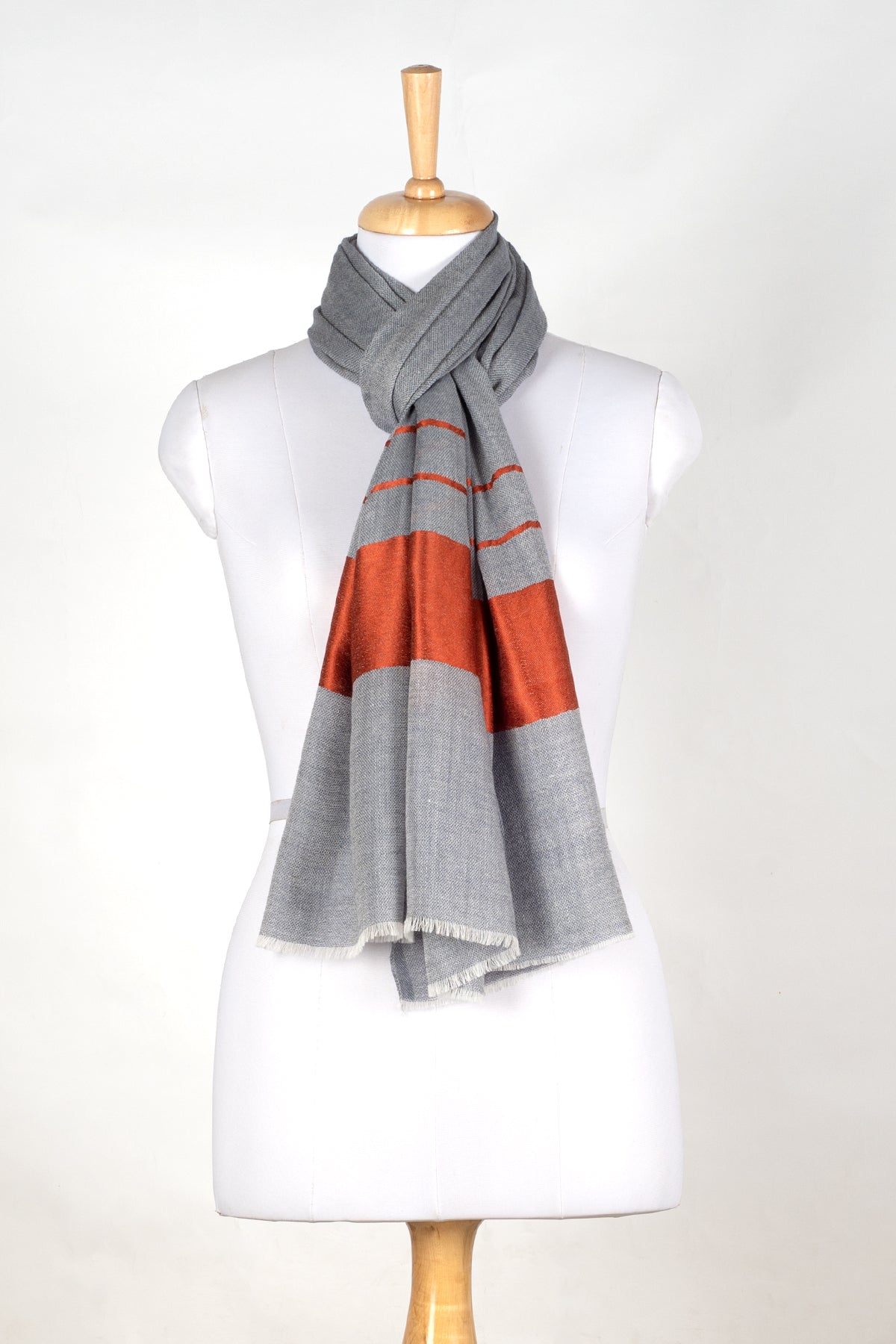 Bordered Stripe Cashmere Wool Scarf – Grey & Orange-2