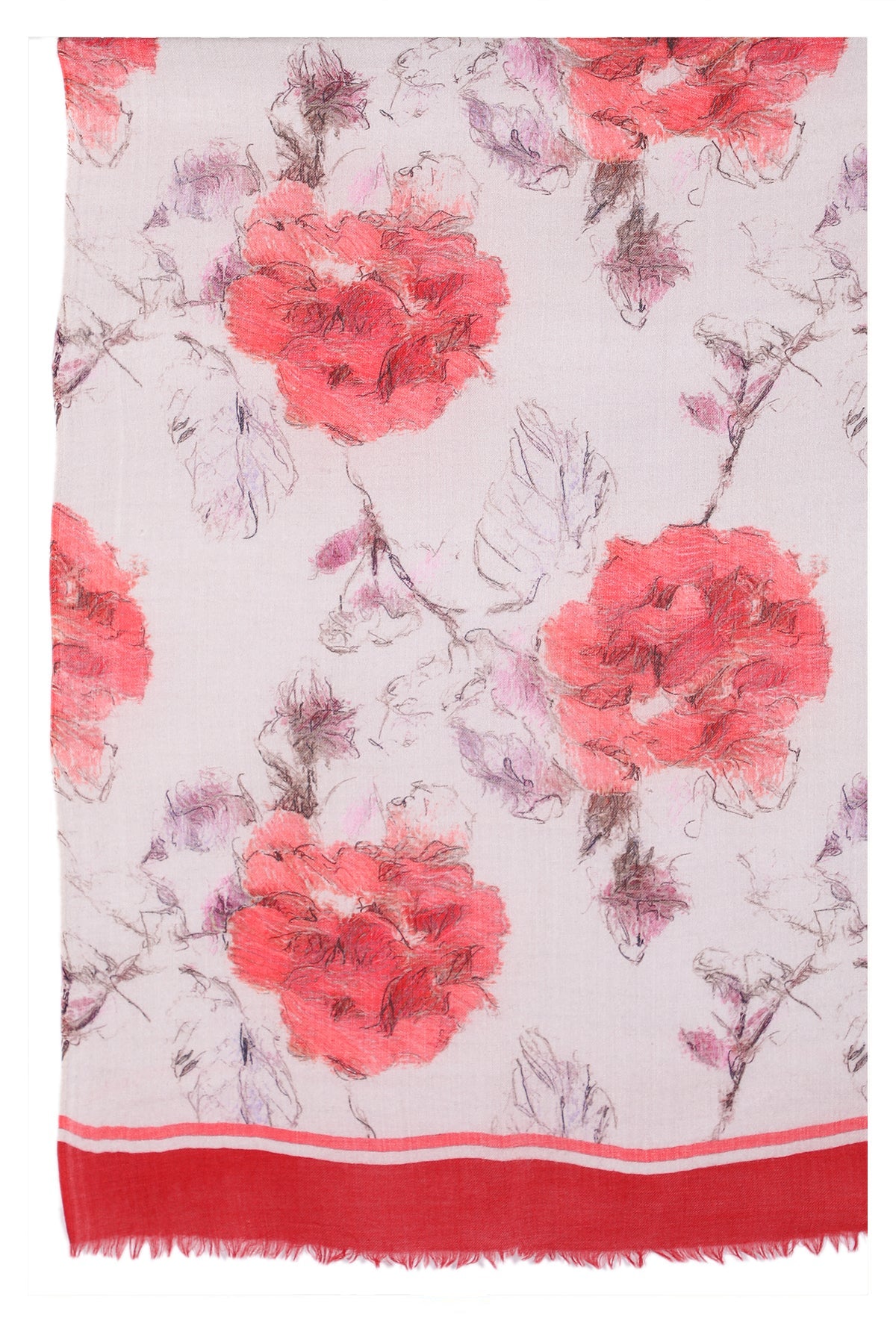 Floral Elegance Wool Scarf - Off-White Red-1