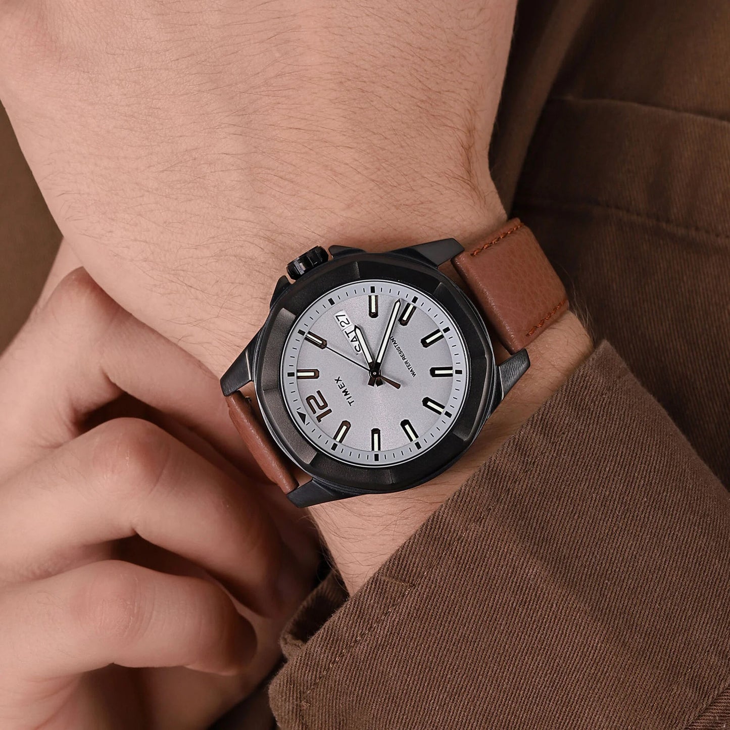Timex Men's Brown Leather Watch, Gray Dial | TW2U82200-4