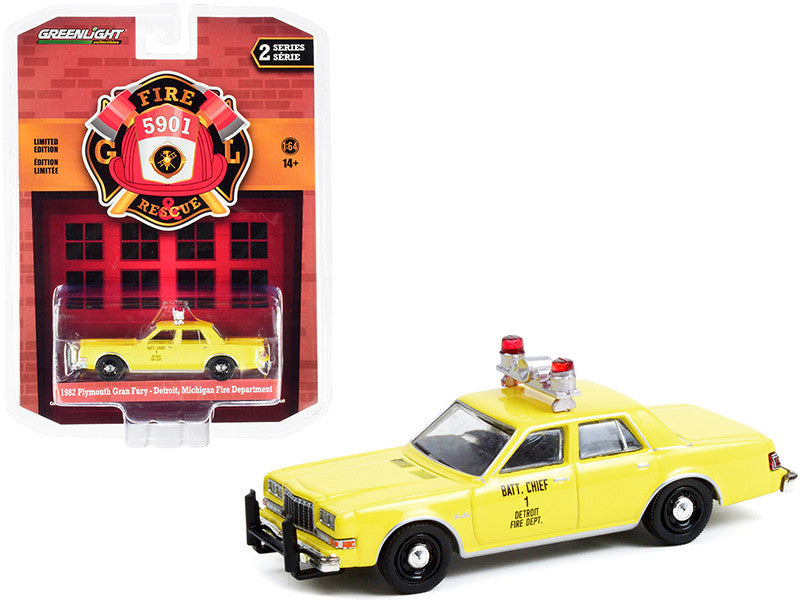 1982 Plymouth Gran Fury Yellow "Detroit Fire Department Battalion Chief #1" (Michigan) "Fire & Rescue" Series 2 1/64 Diecast Model Car by Greenlight-0