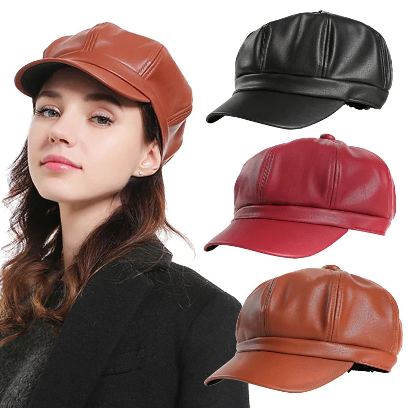 CAROLIEN - Stijlvolle Dames Koreaanse PU Lederen Achthoekige Newsboy Pet
