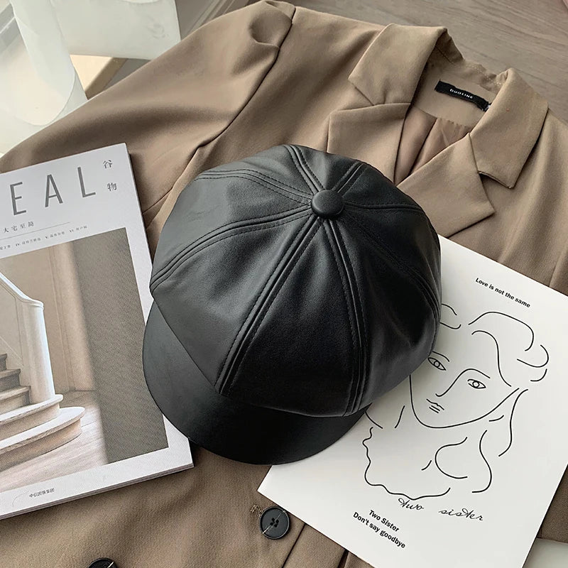 CAROLIEN - Stijlvolle Dames Koreaanse PU Lederen Achthoekige Newsboy Pet