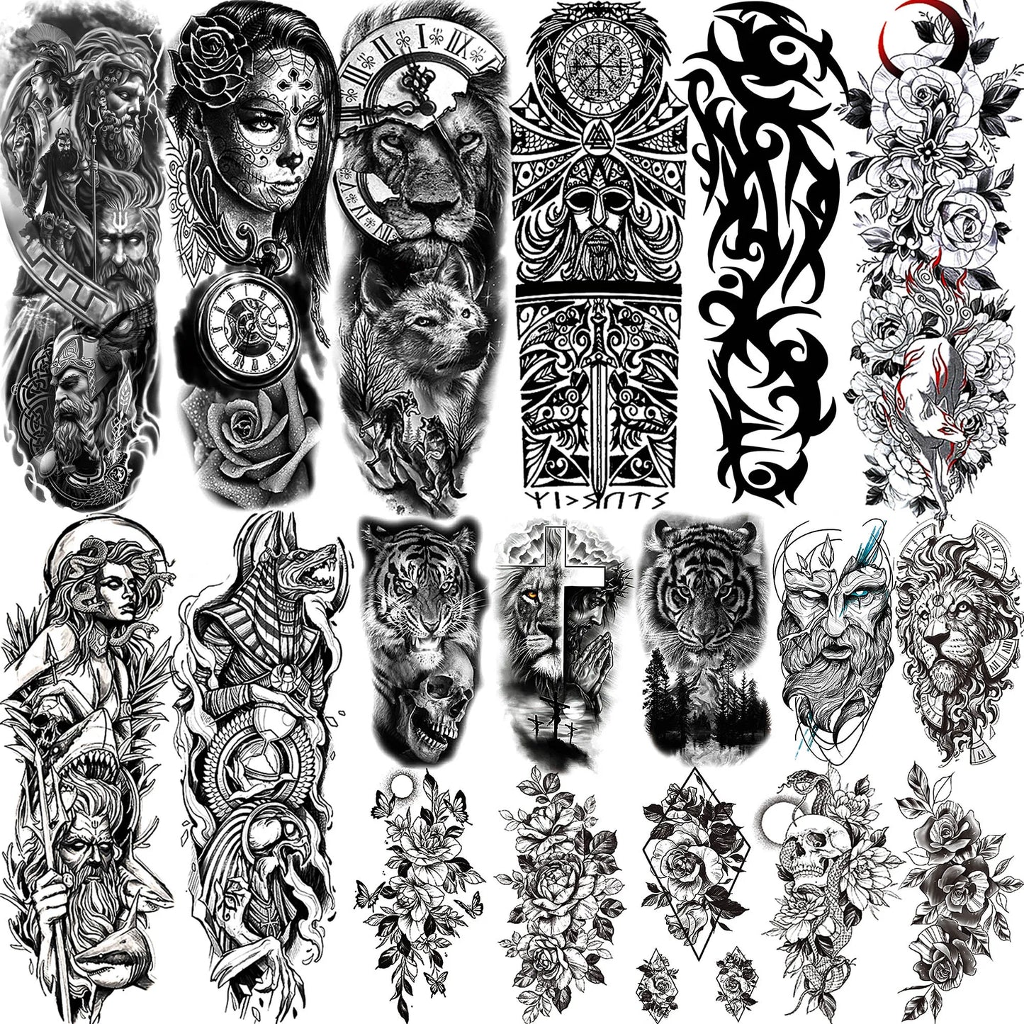 Indrukwekkende Volledige Arm Tijdelijke Tattoo Mouw voor Mannen en Vrouwen - Realistische Krijger, Leeuw, Tijger en Bloementekening - Gedurfde Zwarte Totem en Maori Stijl Stickers