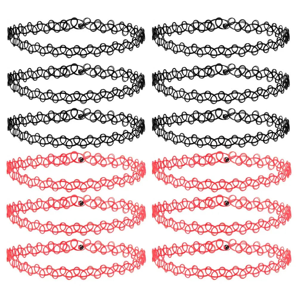 12-delige Retro-geïnspireerde Stretch Choker Ketting Set voor Dames - Stijlvolle Punk Gothic Elastische Kettingen voor Meisjes en Vrouwen