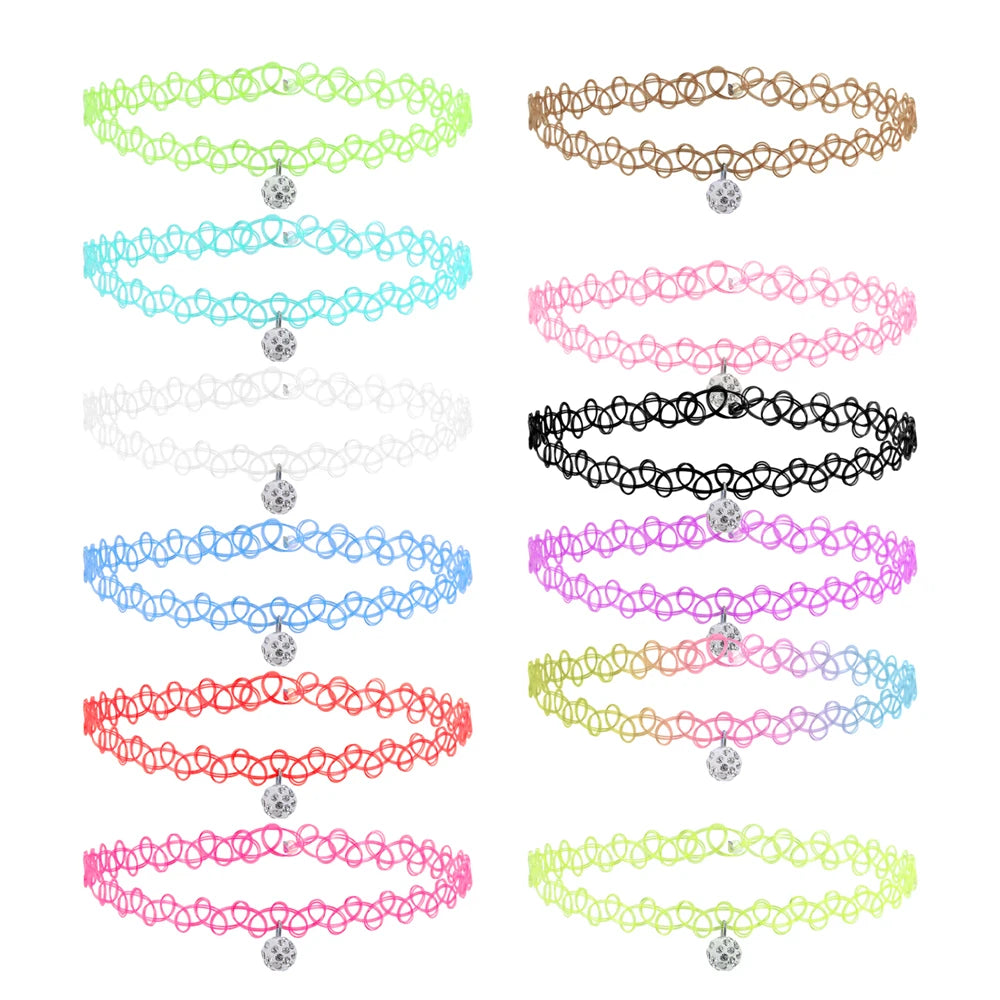 12-delige Retro-geïnspireerde Stretch Choker Ketting Set voor Dames - Stijlvolle Punk Gothic Elastische Kettingen voor Meisjes en Vrouwen