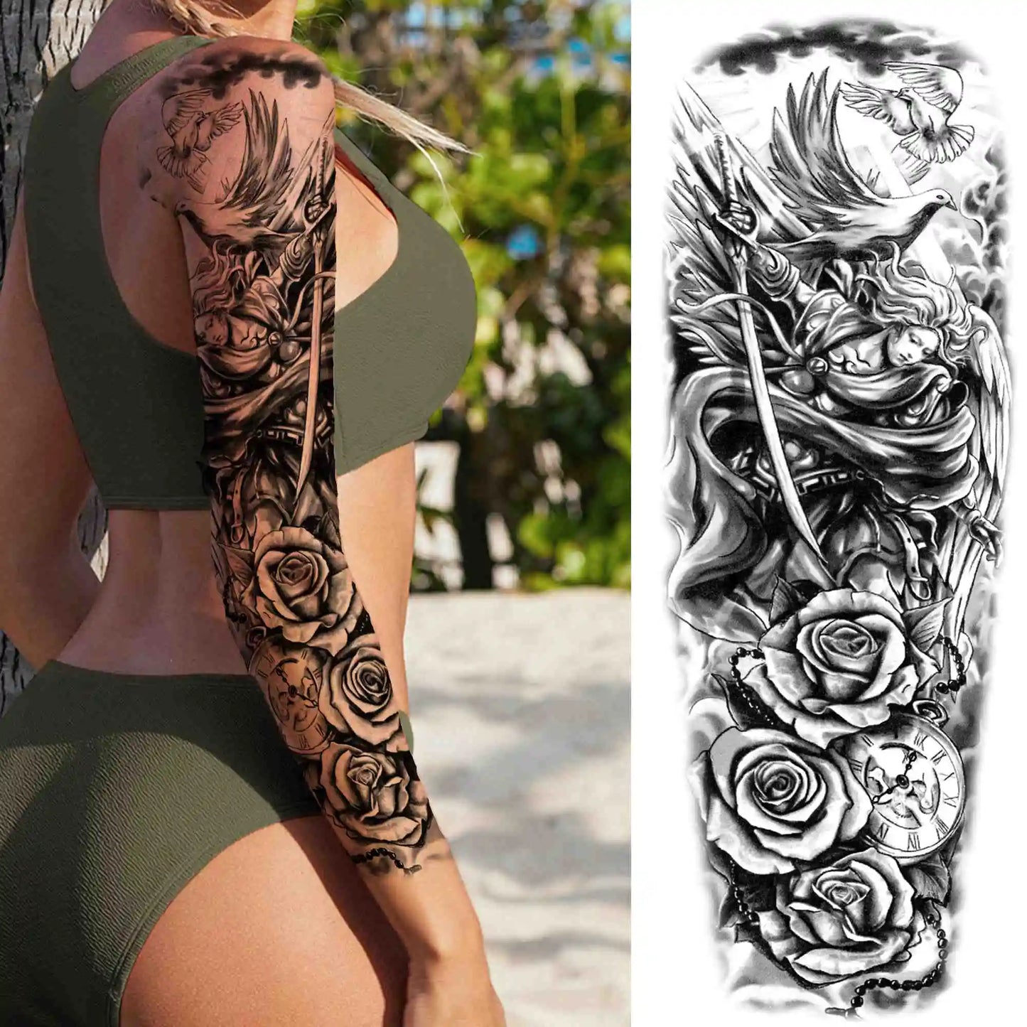 Indrukwekkende Volledige Arm Tijdelijke Tattoo Mouw voor Mannen en Vrouwen - Realistische Krijger, Leeuw, Tijger en Bloementekening - Gedurfde Zwarte Totem en Maori Stijl Stickers