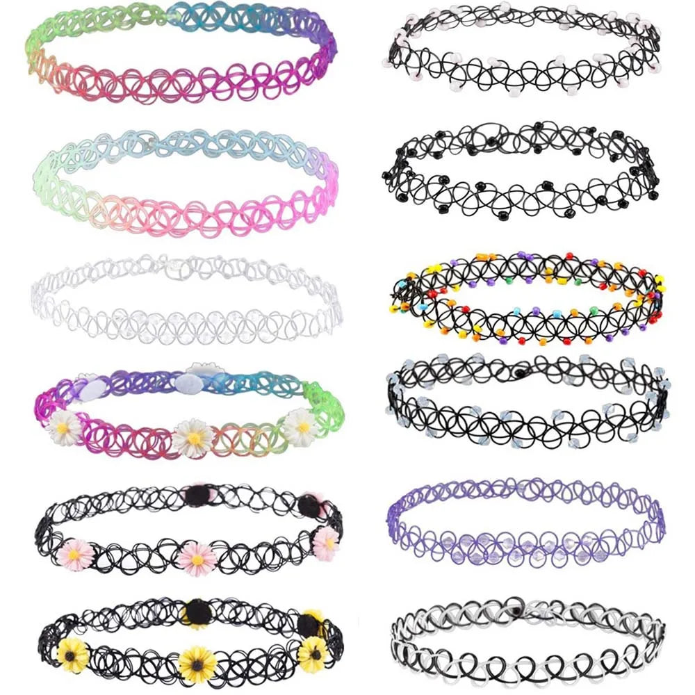 12-delige Retro-geïnspireerde Stretch Choker Ketting Set voor Dames - Stijlvolle Punk Gothic Elastische Kettingen voor Meisjes en Vrouwen