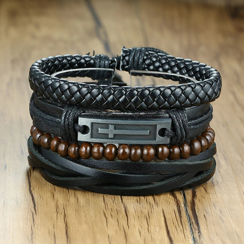 Vnox Set van 4 Stijlvolle Gevlochten Leren Armbanden voor Mannen en Vrouwen - Vintage Houten Kralen en Etnisch Tribaal Ontwerp met Roder Charm