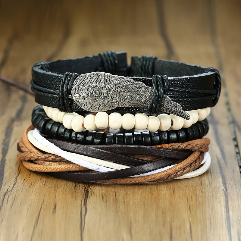 Vnox Set van 4 Stijlvolle Gevlochten Leren Armbanden voor Mannen en Vrouwen - Vintage Houten Kralen en Etnisch Tribaal Ontwerp met Roder Charm
