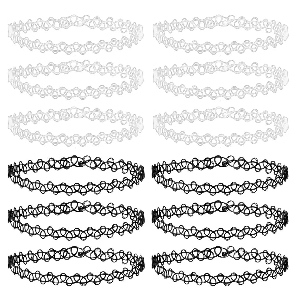 12-delige Retro-geïnspireerde Stretch Choker Ketting Set voor Dames - Stijlvolle Punk Gothic Elastische Kettingen voor Meisjes en Vrouwen