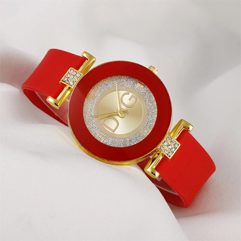 Elegante Dames Quartz Horloge met Siliconen Band - Stijlvolle Met Roodstenen Geaccentueerde Casual Polshorloge voor de Modebewuste Vrouw in Chic Zwart DQG