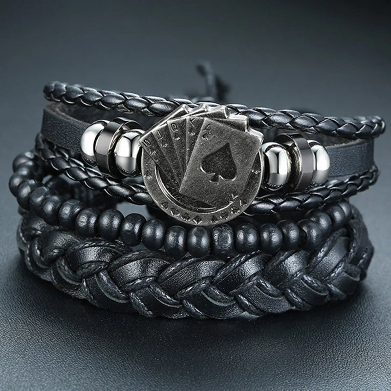 Vnox Set van 4 Stijlvolle Gevlochten Leren Armbanden voor Mannen en Vrouwen - Vintage Houten Kralen en Etnisch Tribaal Ontwerp met Roder Charm