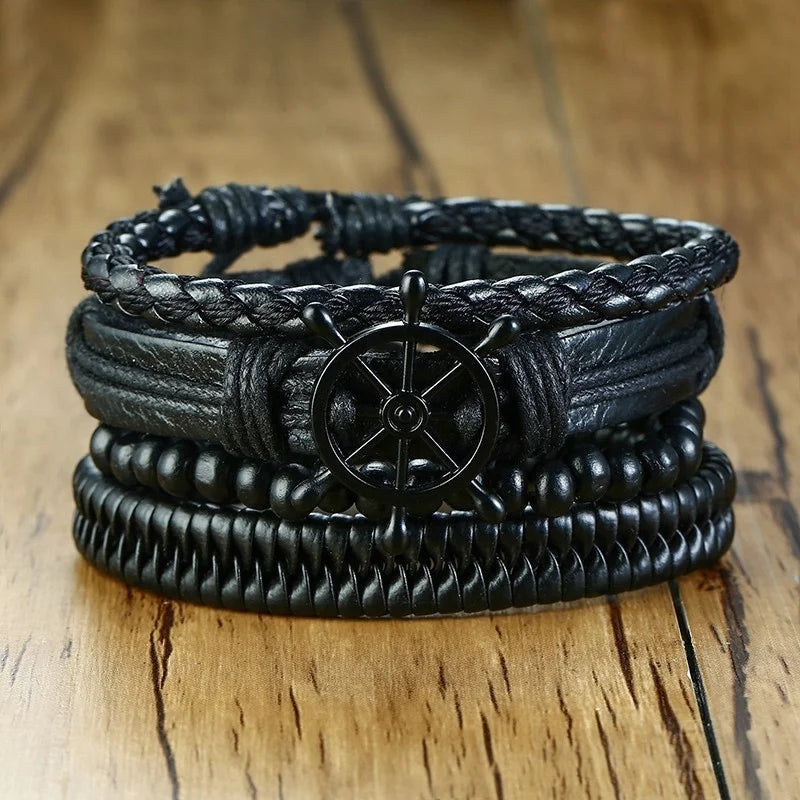 Vnox Set van 4 Stijlvolle Gevlochten Leren Armbanden voor Mannen en Vrouwen - Vintage Houten Kralen en Etnisch Tribaal Ontwerp met Roder Charm