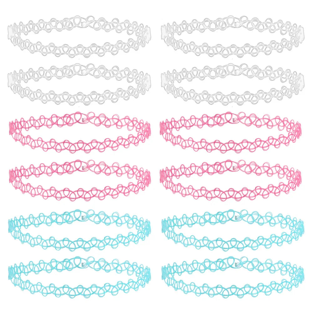 12-delige Retro-geïnspireerde Stretch Choker Ketting Set voor Dames - Stijlvolle Punk Gothic Elastische Kettingen voor Meisjes en Vrouwen
