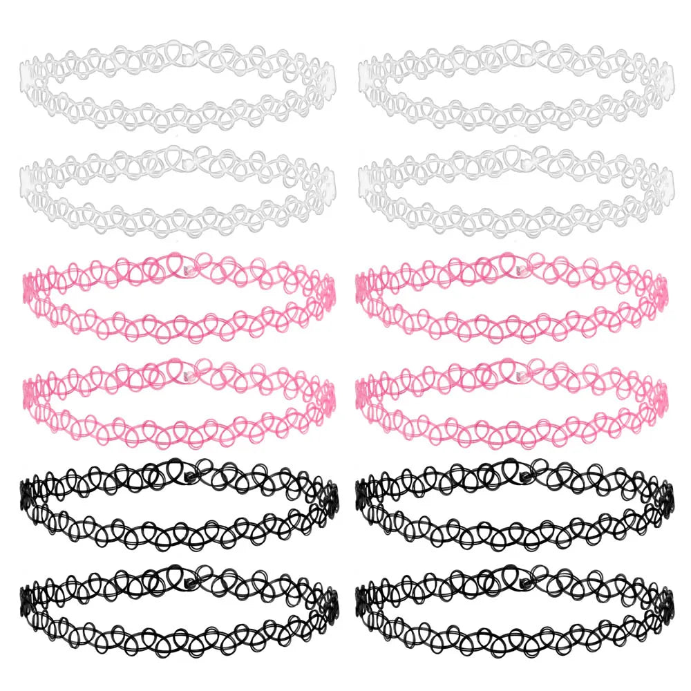 12-delige Retro-geïnspireerde Stretch Choker Ketting Set voor Dames - Stijlvolle Punk Gothic Elastische Kettingen voor Meisjes en Vrouwen