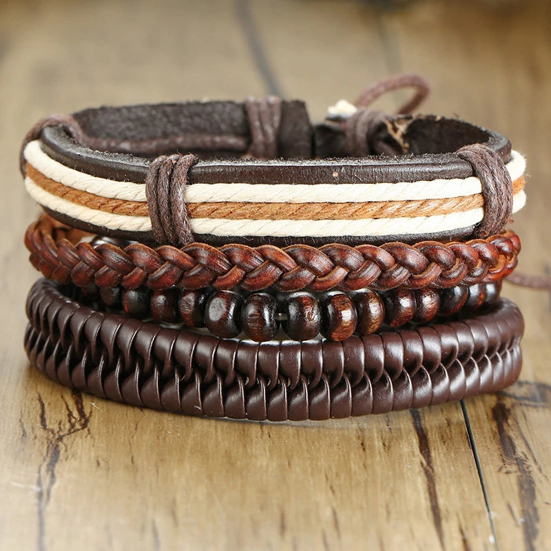 Vnox Set van 4 Stijlvolle Gevlochten Leren Armbanden voor Mannen en Vrouwen - Vintage Houten Kralen en Etnisch Tribaal Ontwerp met Roder Charm