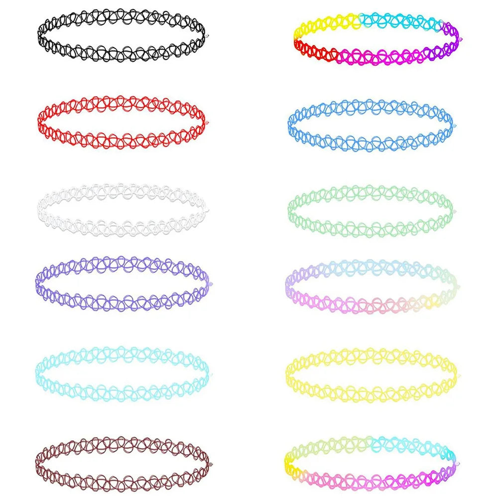 12-delige Retro-geïnspireerde Stretch Choker Ketting Set voor Dames - Stijlvolle Punk Gothic Elastische Kettingen voor Meisjes en Vrouwen