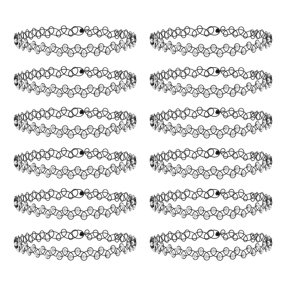 12-delige Retro-geïnspireerde Stretch Choker Ketting Set voor Dames - Stijlvolle Punk Gothic Elastische Kettingen voor Meisjes en Vrouwen