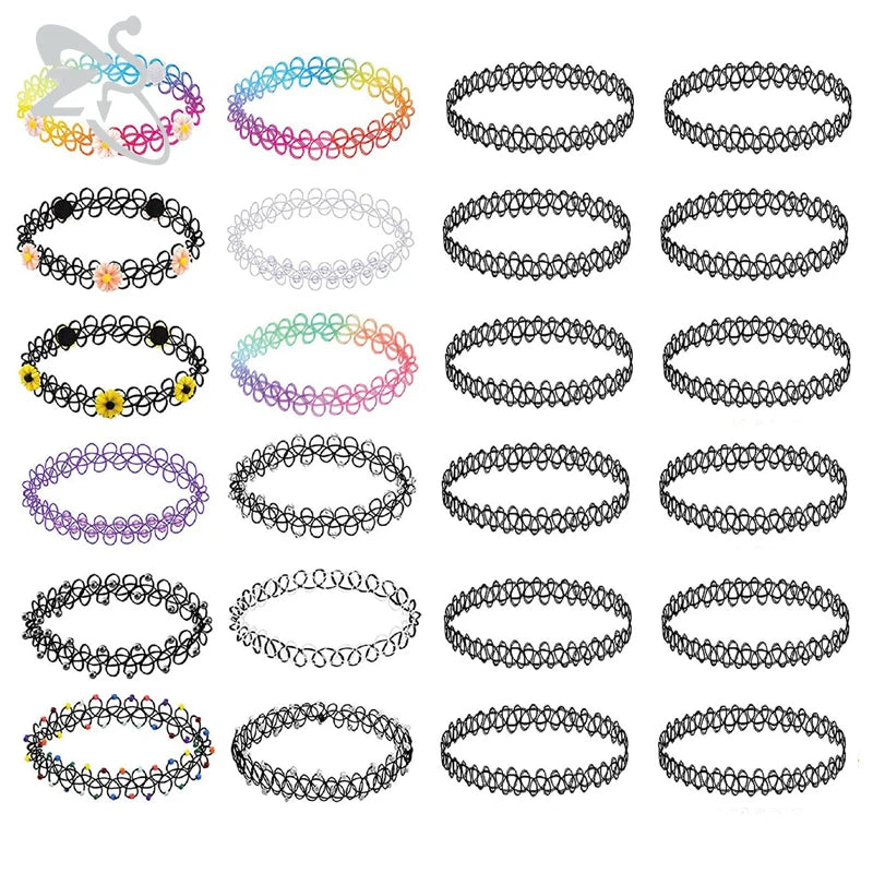 12-delige Retro-geïnspireerde Stretch Choker Ketting Set voor Dames - Stijlvolle Punk Gothic Elastische Kettingen voor Meisjes en Vrouwen