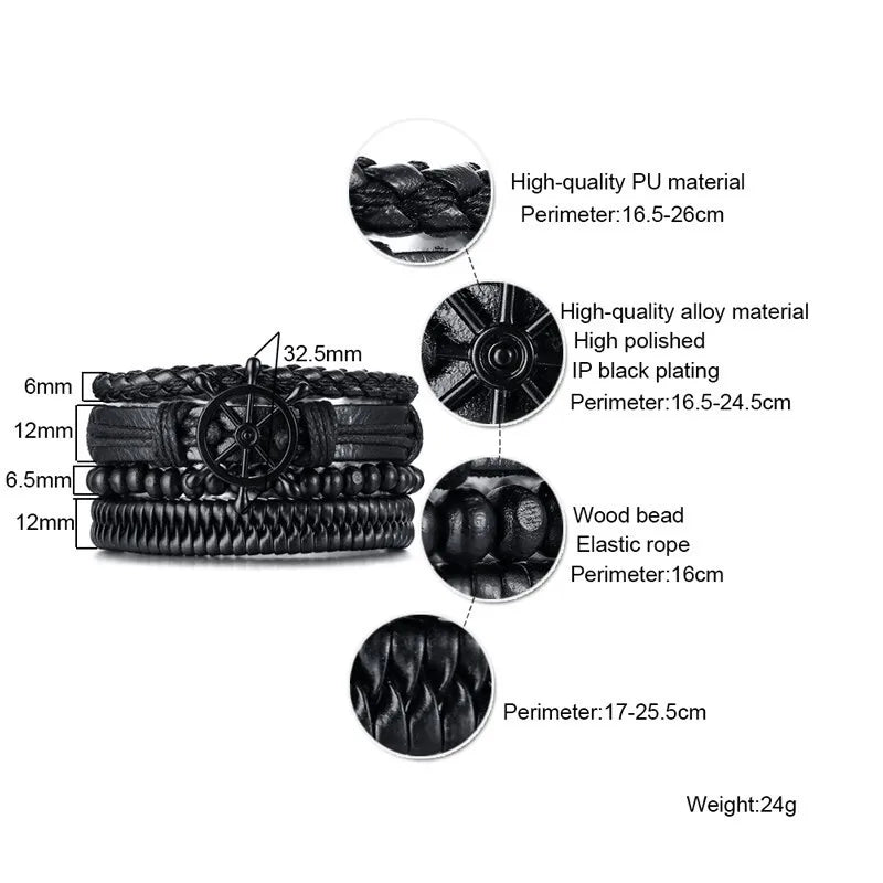 Vnox Set van 4 Stijlvolle Gevlochten Leren Armbanden voor Mannen en Vrouwen - Vintage Houten Kralen en Etnisch Tribaal Ontwerp met Roder Charm