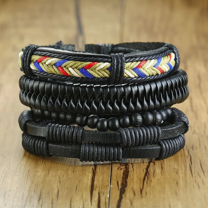 Vnox Set van 4 Stijlvolle Gevlochten Leren Armbanden voor Mannen en Vrouwen - Vintage Houten Kralen en Etnisch Tribaal Ontwerp met Roder Charm