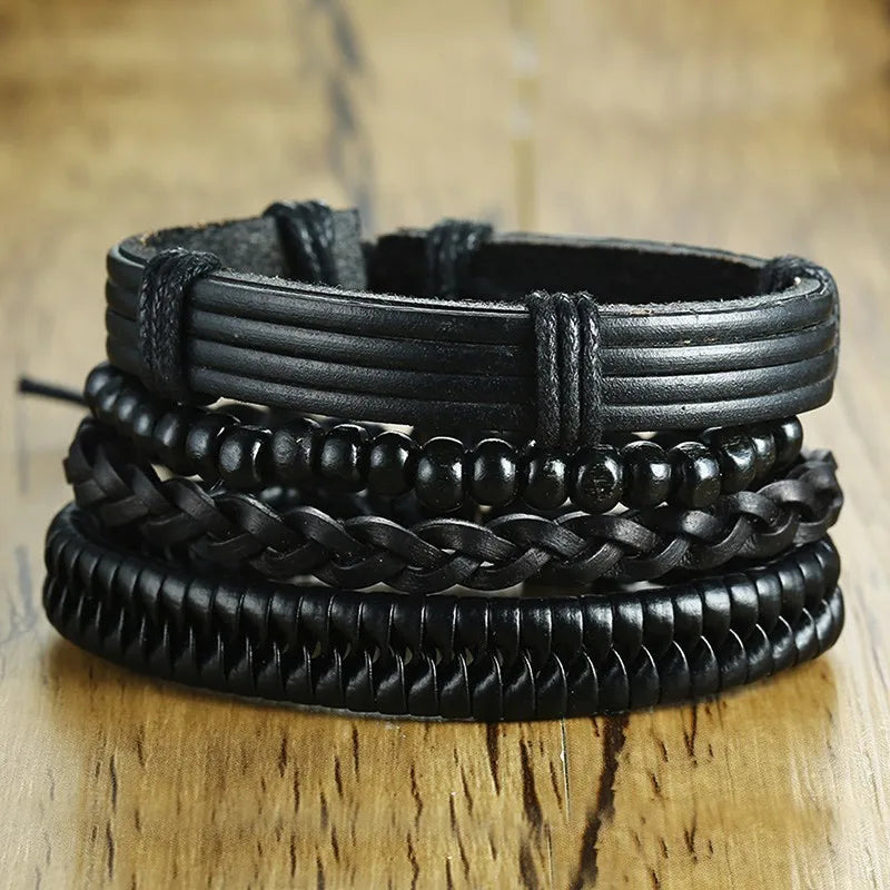 Vnox Set van 4 Stijlvolle Gevlochten Leren Armbanden voor Mannen en Vrouwen - Vintage Houten Kralen en Etnisch Tribaal Ontwerp met Roder Charm