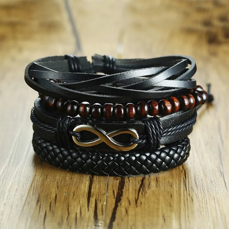 Vnox Set van 4 Stijlvolle Gevlochten Leren Armbanden voor Mannen en Vrouwen - Vintage Houten Kralen en Etnisch Tribaal Ontwerp met Roder Charm