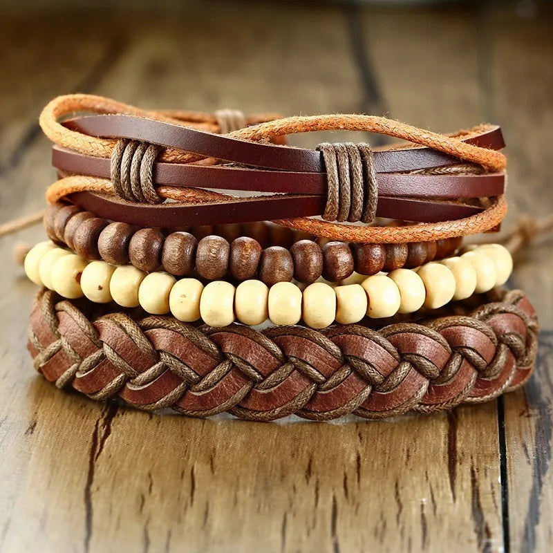 Vnox Set van 4 Stijlvolle Gevlochten Leren Armbanden voor Mannen en Vrouwen - Vintage Houten Kralen en Etnisch Tribaal Ontwerp met Roder Charm