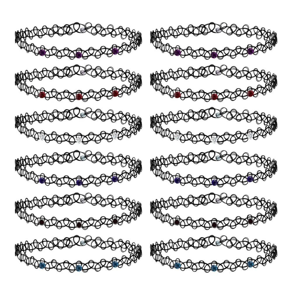 12-delige Retro-geïnspireerde Stretch Choker Ketting Set voor Dames - Stijlvolle Punk Gothic Elastische Kettingen voor Meisjes en Vrouwen