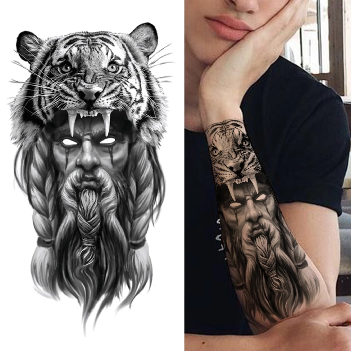 Indrukwekkende Volledige Arm Tijdelijke Tattoo Mouw voor Mannen en Vrouwen - Realistische Krijger, Leeuw, Tijger en Bloementekening - Gedurfde Zwarte Totem en Maori Stijl Stickers