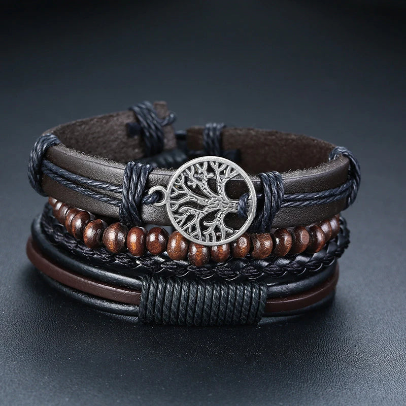 Vnox Set van 4 Stijlvolle Gevlochten Leren Armbanden voor Mannen en Vrouwen - Vintage Houten Kralen en Etnisch Tribaal Ontwerp met Roder Charm