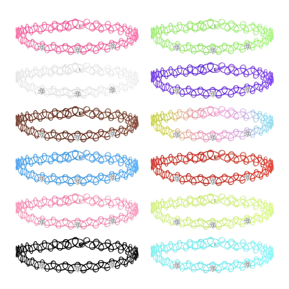12-delige Retro-geïnspireerde Stretch Choker Ketting Set voor Dames - Stijlvolle Punk Gothic Elastische Kettingen voor Meisjes en Vrouwen