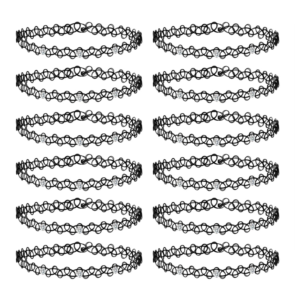 12-delige Retro-geïnspireerde Stretch Choker Ketting Set voor Dames - Stijlvolle Punk Gothic Elastische Kettingen voor Meisjes en Vrouwen