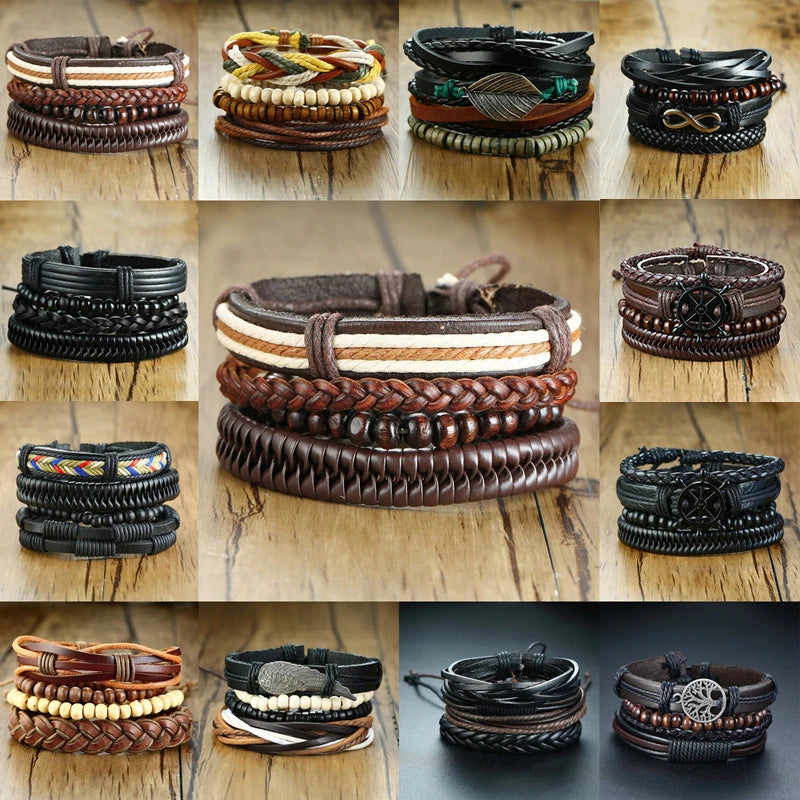 Vnox Set van 4 Stijlvolle Gevlochten Leren Armbanden voor Mannen en Vrouwen - Vintage Houten Kralen en Etnisch Tribaal Ontwerp met Roder Charm
