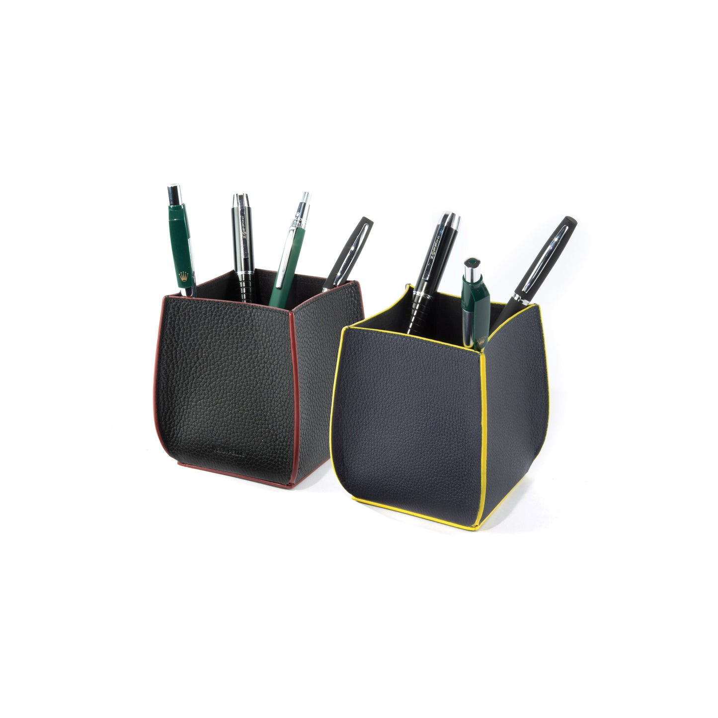 K0032DB | Desk Pen Holder in Genuine Leather, full grain, dollar grain. Blue color with yellow edges. Dimensions: 8.5 x 8.5 x 12 cm. Packaging: Bottom/lid gift box-2
