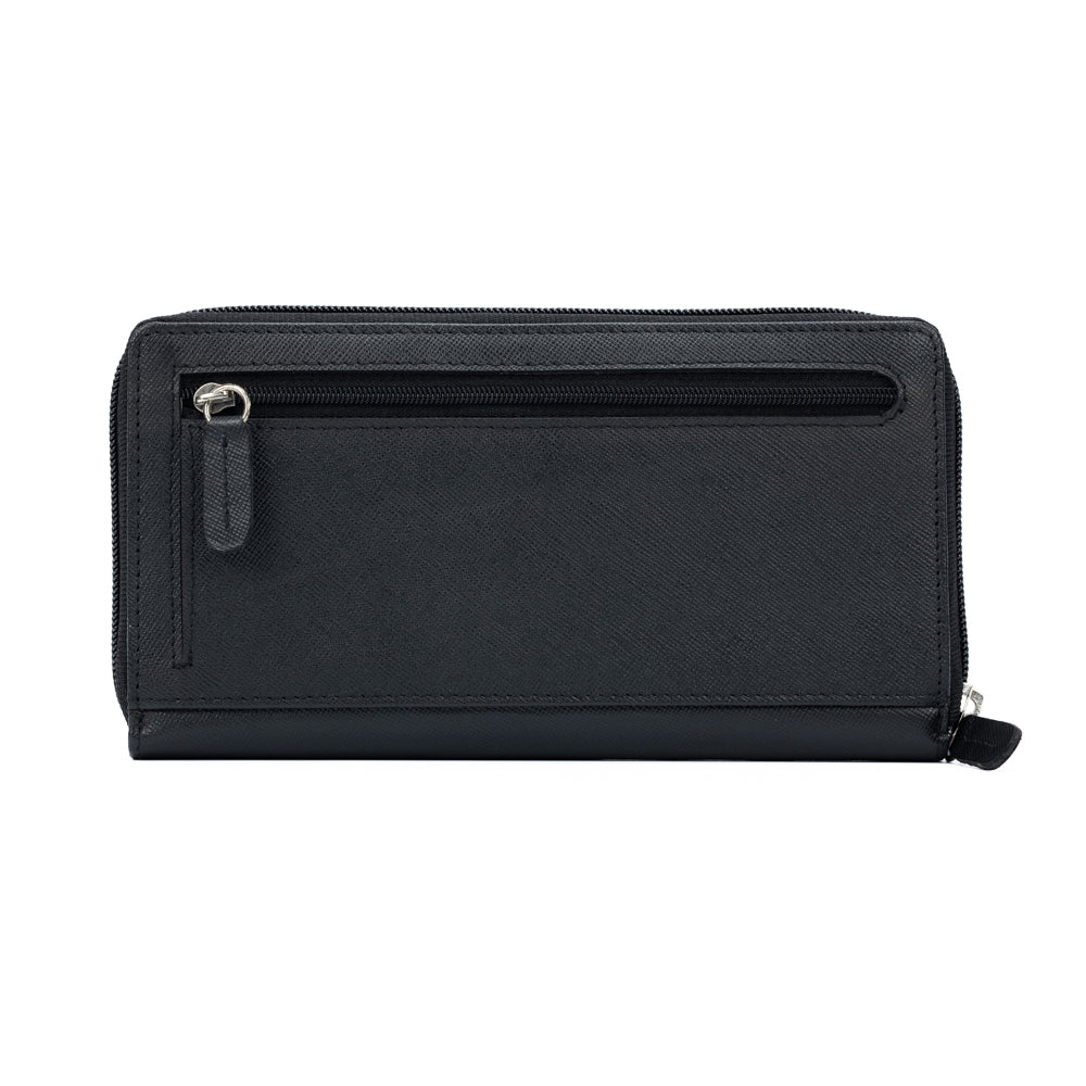K10838AB | Women's Wallets in Saffiano Genuine Leather. Black colour. 6 credit card slots. Dimensions when closed: 18.5 x 10 x 2.5 cm. Packaging: Rigid bottom/lid gift box-1