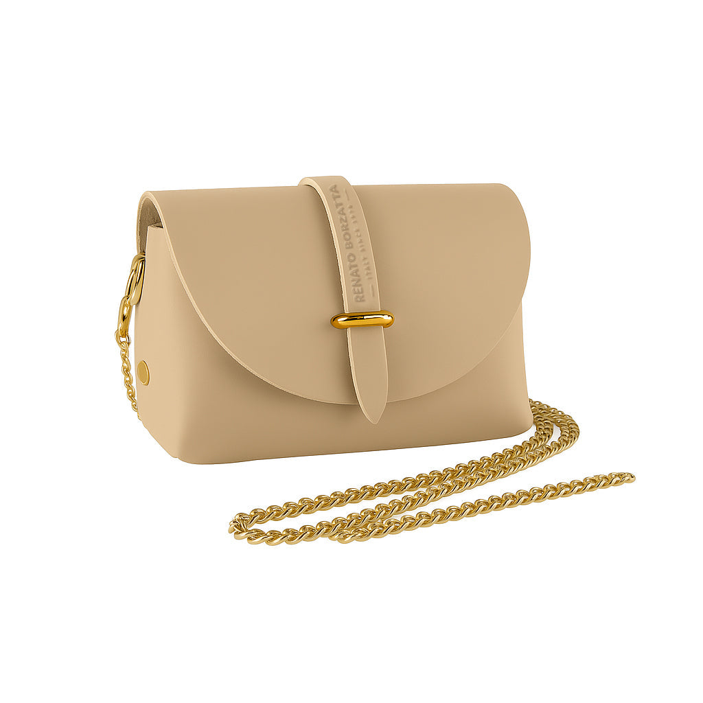 RB1001AL | Small Bag in Genuine Leather Made in Italy with Removable Shoulder Strap and Shiny Gold Metal Closure Loop - Beige Color - Dimensions: cm 16.5 x 11 x 8-0