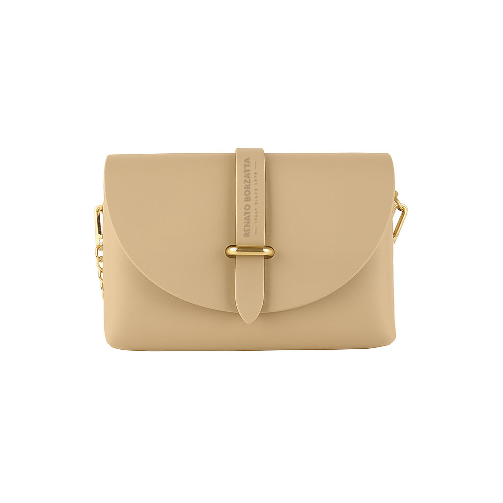 RB1001AL | Small Bag in Genuine Leather Made in Italy with Removable Shoulder Strap and Shiny Gold Metal Closure Loop - Beige Color - Dimensions: cm 16.5 x 11 x 8-3