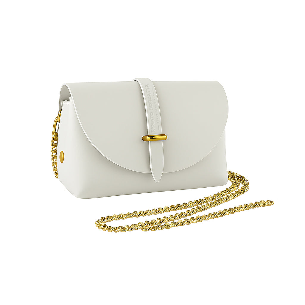 RB1001W | Small Bag in Genuine Leather Made in Italy with Removable Shoulder Strap and Shiny Gold Metal Closure Loop - White Color - Dimensions: 16.5 x 11 x 8 cm-0