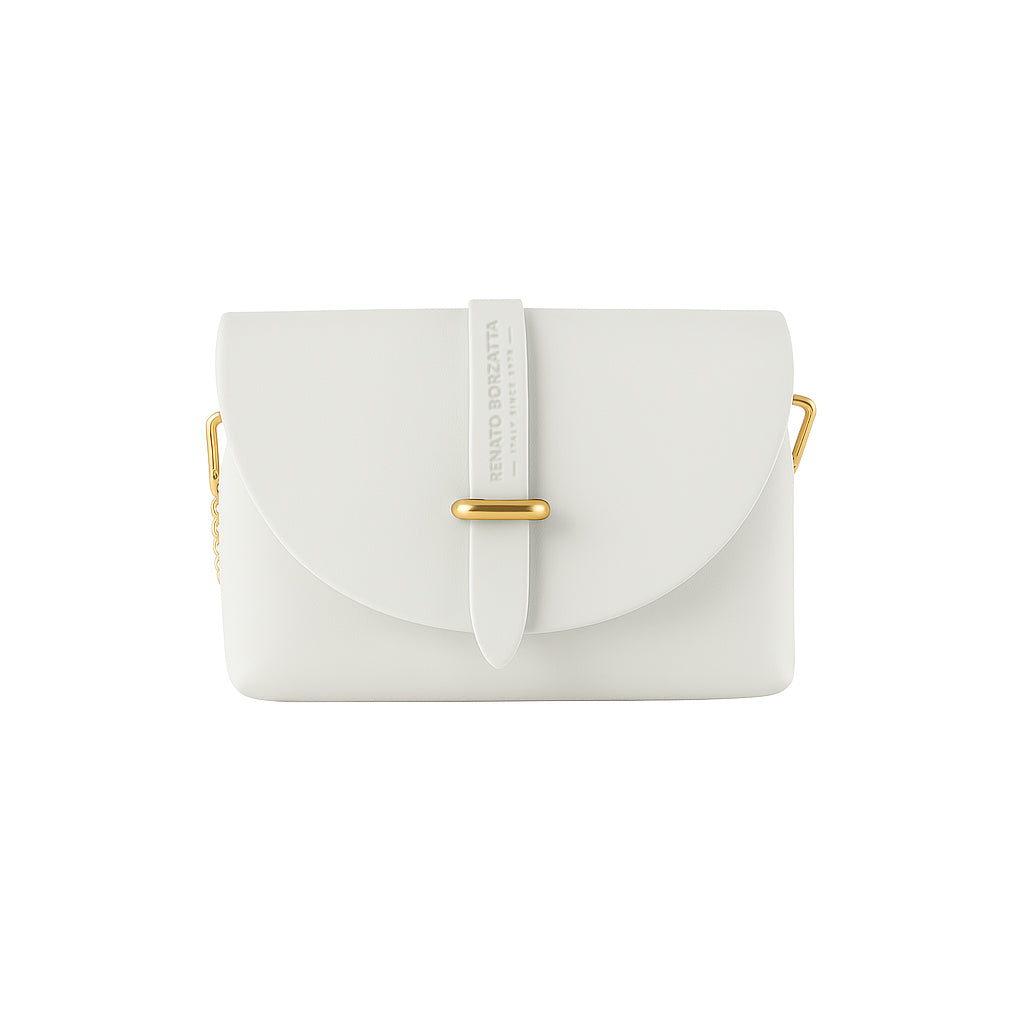 RB1001W | Small Bag in Genuine Leather Made in Italy with Removable Shoulder Strap and Shiny Gold Metal Closure Loop - White Color - Dimensions: 16.5 x 11 x 8 cm-3